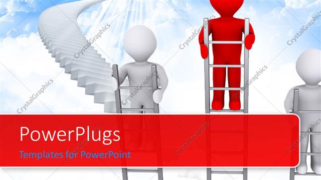  Presentation with climbing - A number of people climbing the ladders with clouds in the background