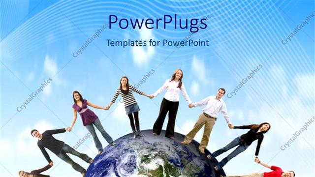  Presentation with team hands - A number of people holding their hands together standing on Earth