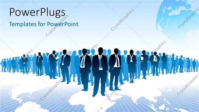  Presentation with professionals - A number of professionals with bluish background and a globe