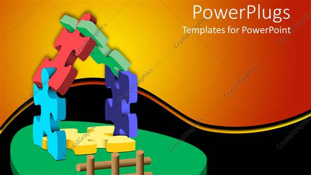  Presentation with base - A number of puzzle pieces making a house with green base