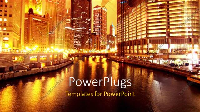  Presentation with chicago - A number of skyscrapers at night with a river