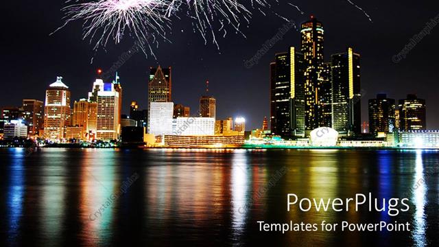  Presentation with fireworks - A number of skyscrapers with a sea in front