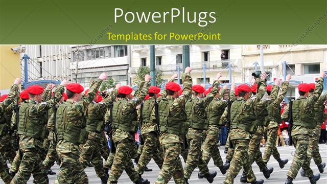  Presentation with force - A number of soldiers marching towards a building