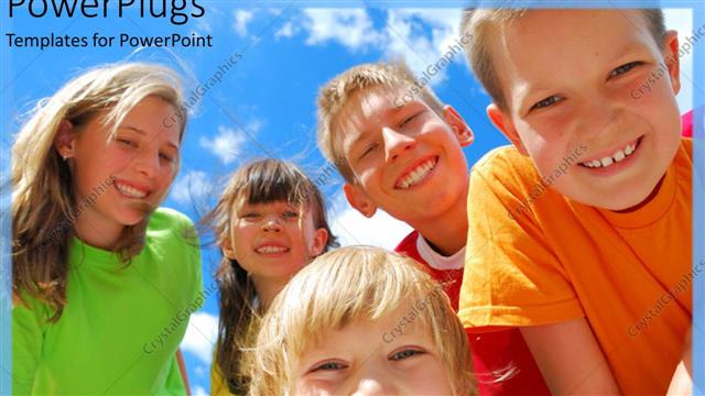  Presentation with young children - A number of young children smiling together with clouds in the background
