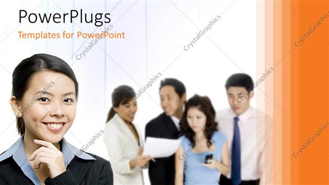  Presentation with office workers - Office workers discussing over table with beautiful Asian woman smiling