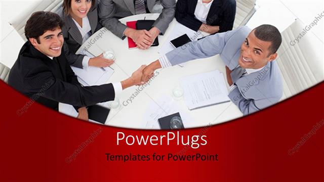  Presentation with round table - Office workers sits in round table with handshake depicting agreement?