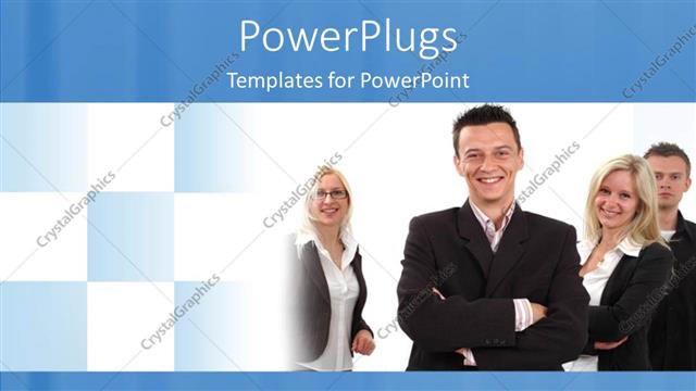 Presentation with blue design - Office workers smiling as they pose with white and blue checkered design
