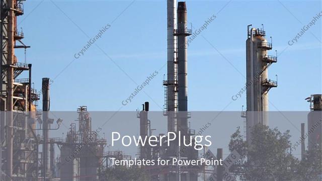  Presentation with oil refinery industry - Oil refinery plant with white smoke coming out of industrial factory on blue sky background