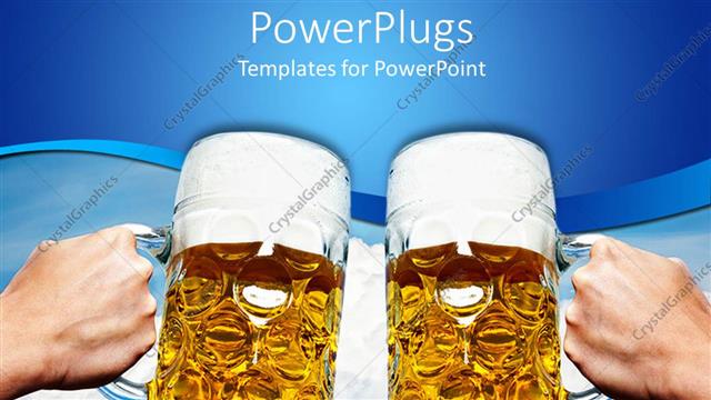  Presentation with toasting - Oktoberfest beer stein cups toasting on blue and white sky cloud background