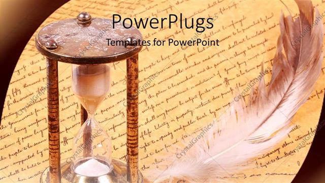  Presentation with history - Old fashioned hourglass and feather with scroll history