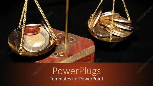  Presentation with balance scale - Old metallic scale balance with coins on the plates