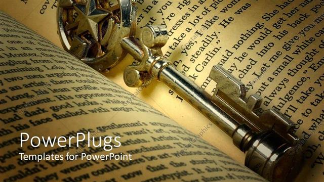  Presentation with treasure - Old treasure key placed in the middle of open book