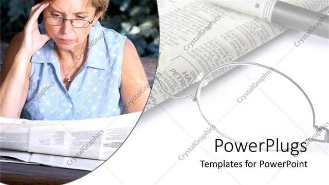  Presentation with old newspaper - Old woman with reading glasses reading newspaper