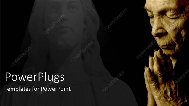  Presentation with prayers - Old woman saying prayers with stone sculpture of Jesus in background?