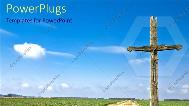  Presentation with religion - Old wooden cross in country side with green vegetation and cloudy sky