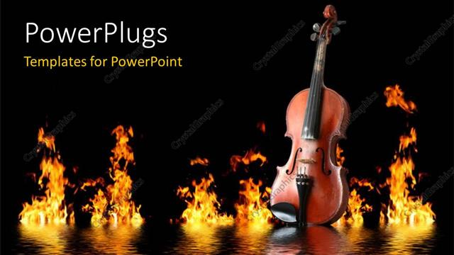  Presentation with waves - Old wooden violin on water waves with flames