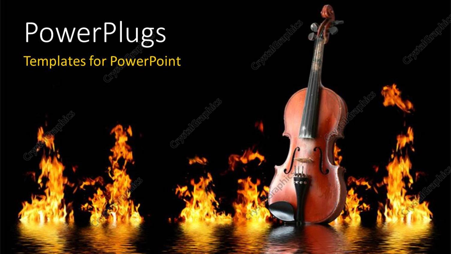 Featuring Old Wooden Violin on Water Waves with Flames