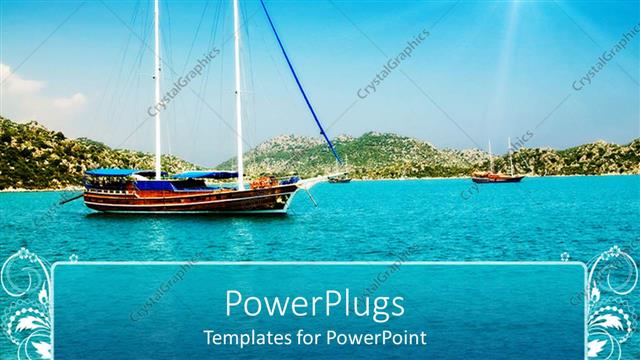  Presentation with skies - Old yacht sailing in blue ocean with blue skies