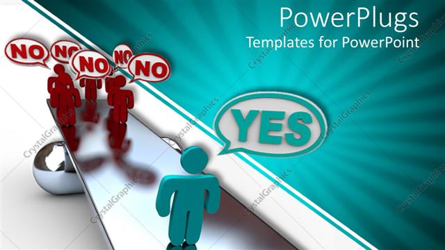  Presentation with saying - One person saying yes on seesaw with group of people saying no, negotiations