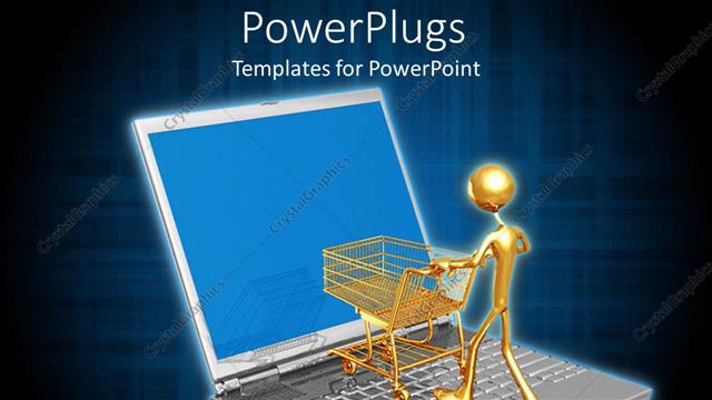  Presentation with online shopping - Online shopping e-commerce with laptop, gold man, shopping cart