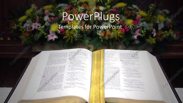  Presentation with golden - Open Bible with golden bookmark on altar with large flower bouquet