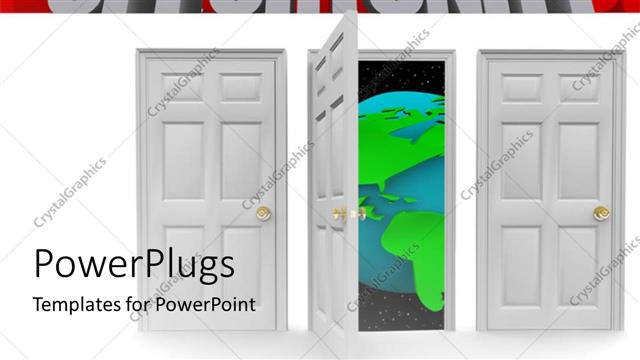  Presentation with open door - Open door of opportunity between two closed doors on white background
