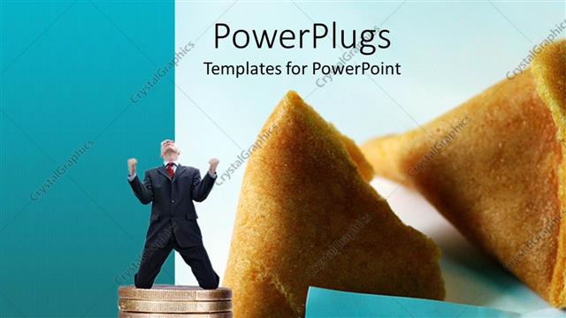  Presentation with cookie - Open fortune cookie with you will be successful message and stacks of coins with happy business man