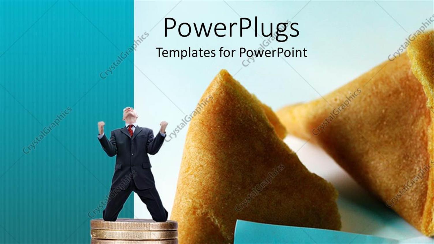 Featuring Open Fortune Cookie with you will be Successful Message and Stacks of Coins with Happy Business Man