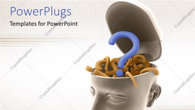  Presentation with open mind - Open human head filled with 3D question mark symbols depicting confusion