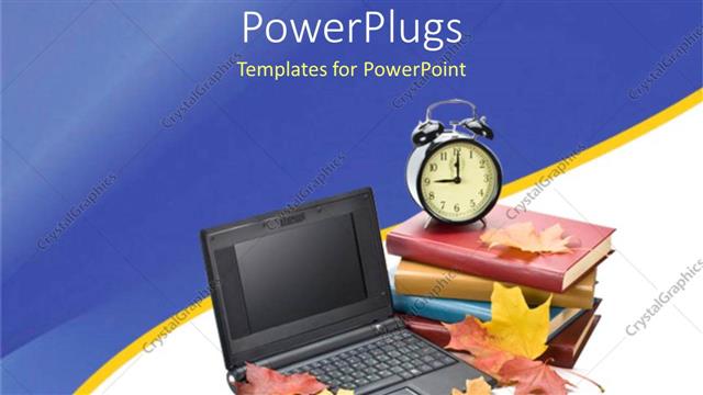  Presentation with alarm - Open laptop with autumn leaves next to alarm clock on stack of books