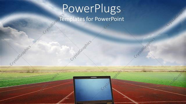  Presentation with performance - Open laptop computer on center lane of running track