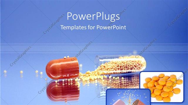  Presentation with spilling - Open medicine capsule spilling contents on blue surface with pile of tablets