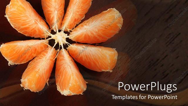  Presentation with brown - Open orange slices on wooden reflective surface, brown background