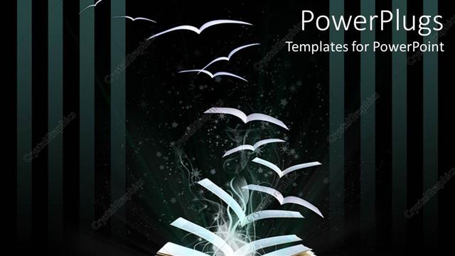 Presentation with magic book - Opened book on table with pages flying like birds out of the book fading into the black background