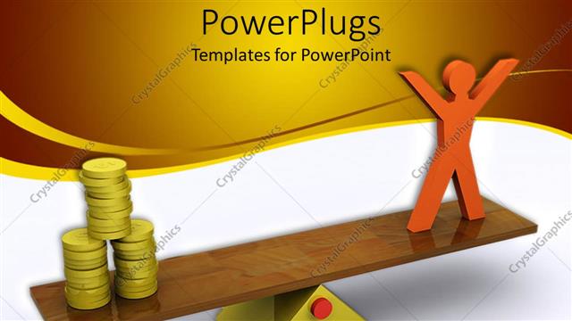  Presentation with pile - Orange 3D man weighed on balance scale?against pile of gold coins