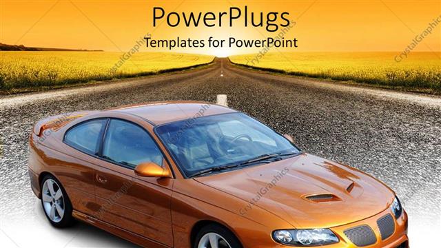  Presentation with sports car - Orange American sports coupe car on highway at sunset