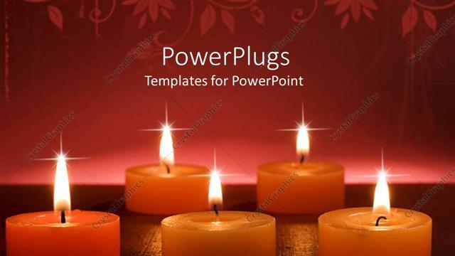  Presentation with red floral - Orange aromatic burning candles on golden glowing surface and abstract floral pattern on top of red background