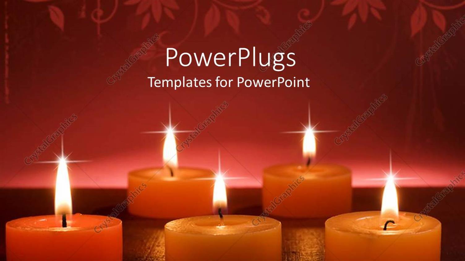Featuring Orange Aromatic Burning Candles on Golden Glowing Surface and Abstract Floral Pattern on Top of Red Background