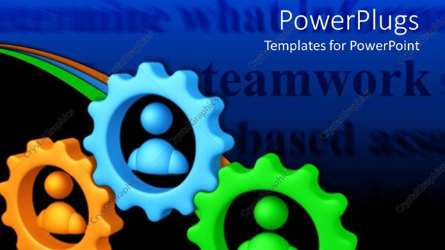  Presentation with blue orange - Orange, blue, and green meshed gears with figures in center, teamwork
