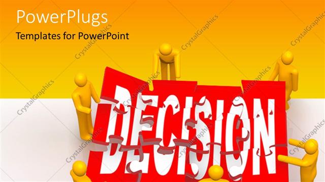  Presentation with red puzzle - Orange figures assembling red jigsaw puzzle pieces with Decision in white