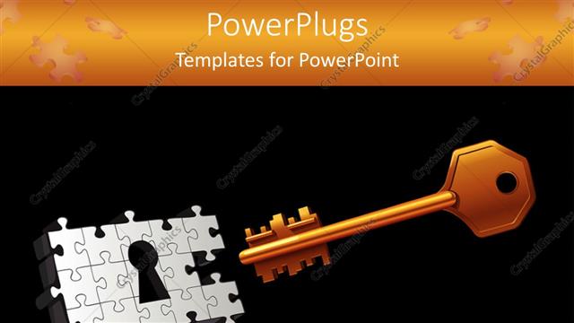  Presentation with keyhole - Orange gold key with puzzle keyhole on black background with orange top margin