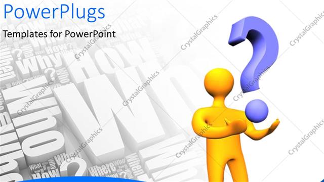  Presentation with question - Orange humanoid with a question mark with questions like who, when, what, where