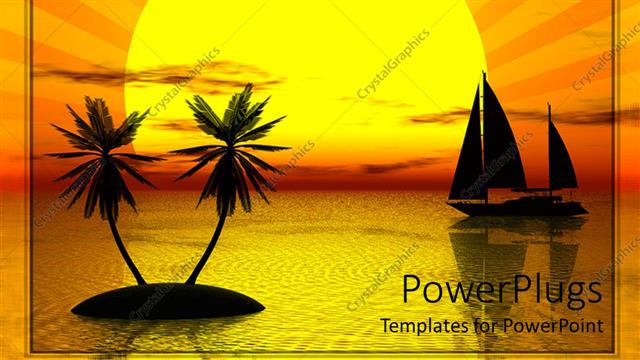  Presentation with sailboat - Orange sunset behind sailboat and pair palm trees on calm water