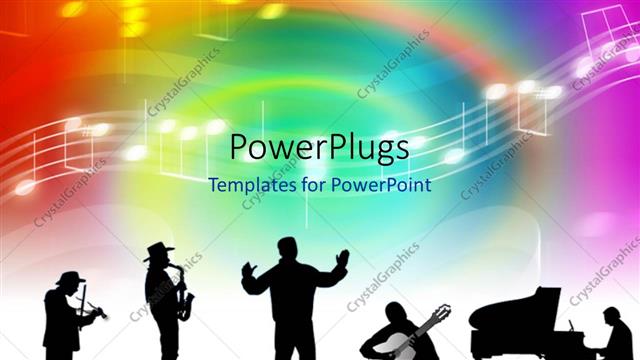  Presentation with band - Orchestra conductor with band playing musical instruments over musical notes in colorful background?