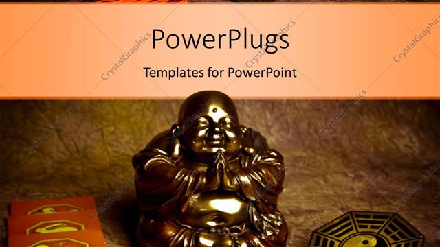  Presentation with religious symbols - Oriental coins and religious symbols around statue of praying Buddha