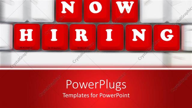  Presentation with keys - Out of focus white computer keyboard with sharply focused red keys spelling now hiring