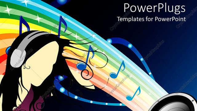  Presentation with music notes - Outline of woman wearing headphones on rainbow background with musical notes