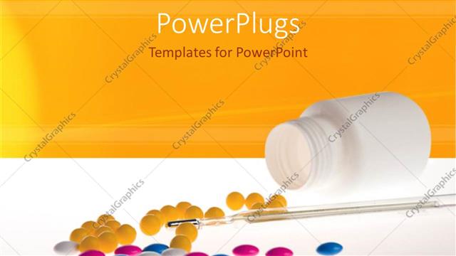  Presentation with medical pills - Overturned medicine bottle with assortment of pills and thermometer