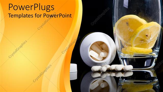  Presentation with pill bottle - Overturned pill bottle, lemon slices in glass