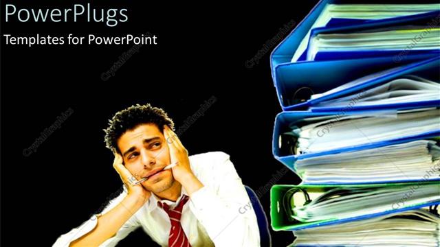  Presentation with stressed - Overworked stressed business man stacks of paper at desk black background